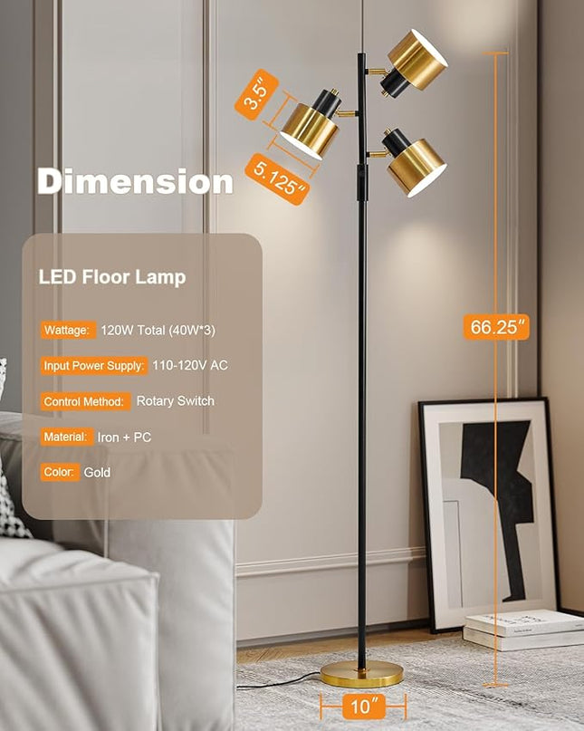 OYEARS Floor Lamp for Living Room Bright Lighting Tall Modern Industrial Vintage Standing Corner Lamps LED Metal Light Office Bedroom Study Gold Black White Matte Accent (3-Light, Gold) - LeafyLoom