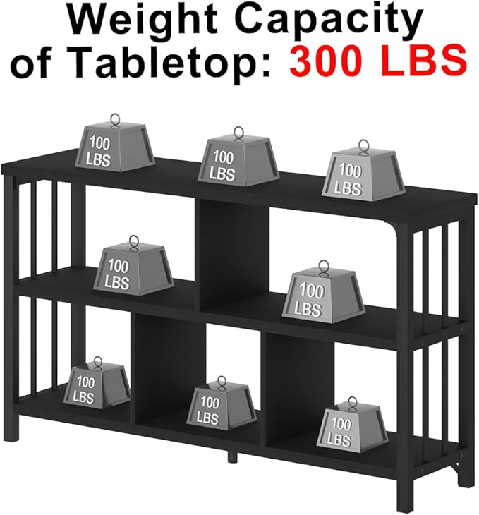 IBF Horizontal Cube Book shelf, Industrial Modern Open Bookshelf, Low Wide Home 5 Cube Storage Organizer Long Shelf for Bedroom, Short Wood and Metal Cubby Book Shelf for Living Room, Black Oak, 47 In - LeafyLoom