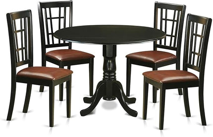 East West Furniture Dublin 5 Piece Set Includes a Round Dining Room Table with Dropleaf and 4 Faux Leather Upholstered Kitchen Chairs, 42x42 Inch, Black - LeafyLoom