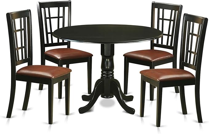 East West Furniture Dublin 5 Piece Set Includes a Round Dining Room Table with Dropleaf and 4 Faux Leather Upholstered Kitchen Chairs, 42x42 Inch, Black - LeafyLoom