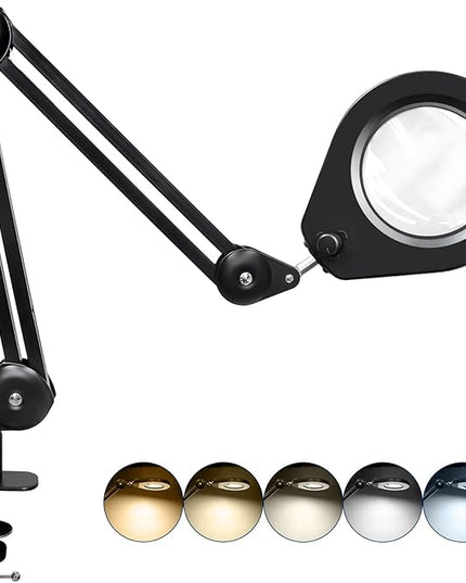 LED Magnifying Lamp with Premium Swing Arm, 5X Magnifying Glass with 5-Color Dimmable Light, Heavy-Duty Work Lamp Hands Free for Crafts, Precision Work, Estheticians - New Rotary Switch Design - LeafyLoom