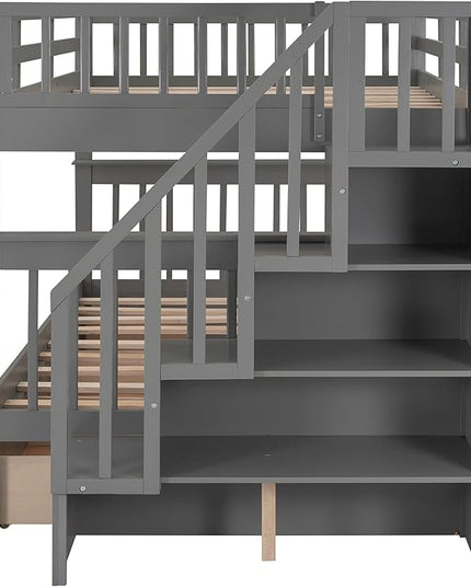 Full Over Full Bunk Bed with Stairs Storage and 3 Drawers, Wooden Stairway Bunkbeds, can be Divided into two Platform Bedframe, for Kids Teens Adults Bedroom, Gray - LeafyLoom