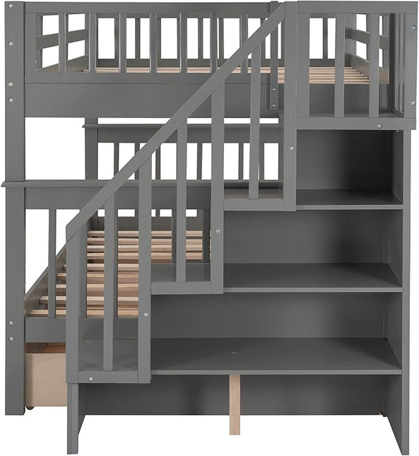 Full Over Full Bunk Bed with Stairs Storage and 3 Drawers, Wooden Stairway Bunkbeds, can be Divided into two Platform Bedframe, for Kids Teens Adults Bedroom, Gray - LeafyLoom