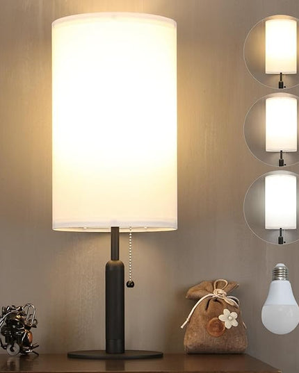 Bedside Table Lamp for Nightstand Living Room Lamps for Bedroom Metal Fabric Pull Chain Switch Small Desk Lamps 3-Color Temperatures Home Office End Table Room Décor (White+Black) - LeafyLoom