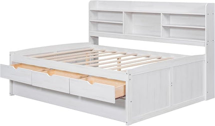 Full Captains Bed with 3 Storage Drawers and Trundle, Wood Daybed with Built-in Bookshelves for Bedroom Living Room, White - LeafyLoom