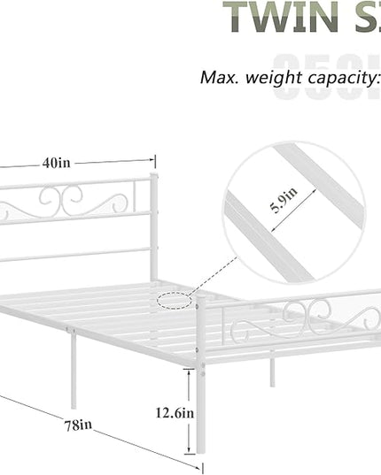 VECELO Twin Size Bed Frame with Headboard, 14 Inch Metal Platform Mattress Foundation, No Boxing Spring Needed, Squeak Resistant, Easy Assembly, White - LeafyLoom