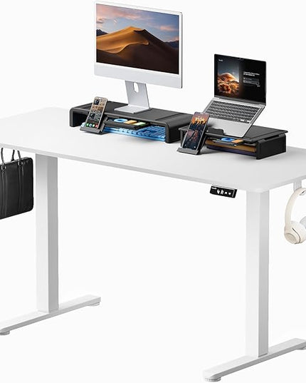 ProtoArc Standing Desk with Dual Monitor Stand Riser, 55 x 24 Inches Height Adjustable Desk with Storage, Electric Stand up Desk with Laptop Stand (Black/White) - LeafyLoom