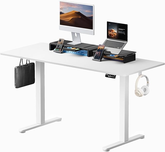 ProtoArc Standing Desk with Dual Monitor Stand Riser, 55 x 24 Inches Height Adjustable Desk with Storage, Electric Stand up Desk with Laptop Stand (Black/White) - LeafyLoom