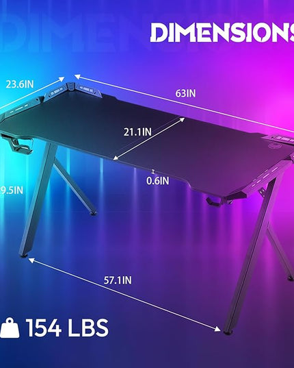 Dowinx Gaming Desk with LED Lights, RGB Gaming Computer Table with Carbon Fibre Surface, LED Home Office Desk with Remote Control, Pc Workstation with Cup Holder and Headphone Hook, 63 Inch, Black - LeafyLoom