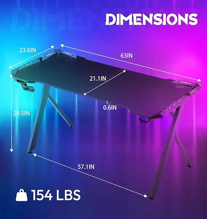 Dowinx Gaming Desk with LED Lights, RGB Gaming Computer Table with Carbon Fibre Surface, LED Home Office Desk with Remote Control, Pc Workstation with Cup Holder and Headphone Hook, 63 Inch, Black - LeafyLoom