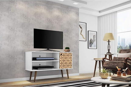 Manhattan Comfort Liberty Mid Century Modern TV Stand for Televisions up to 46 Inches, Bedroom and Living Room Entertainment Center with Storage, Shelves, and Cabinet, 43" Wide, White/3D Brown - LeafyLoom
