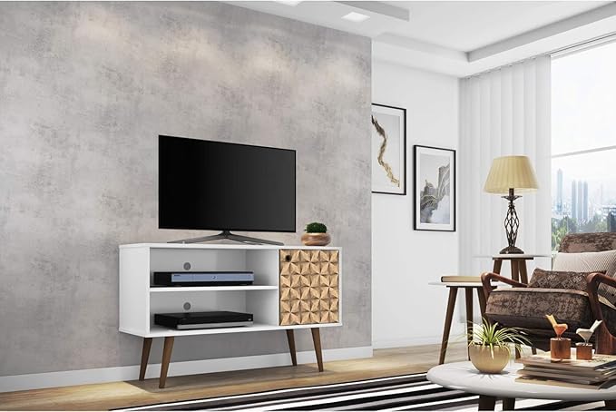 Manhattan Comfort Liberty Mid Century Modern TV Stand for Televisions up to 46 Inches, Bedroom and Living Room Entertainment Center with Storage, Shelves, and Cabinet, 43" Wide, White/3D Brown - LeafyLoom