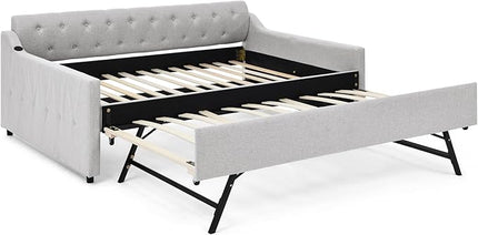 Full Size Upholstery modern linen Daybed, Trundle sofaBed,Armrest with USB charging end pull out Button Tufted Armrest side with pocket,for Bedroom Living Room - LeafyLoom