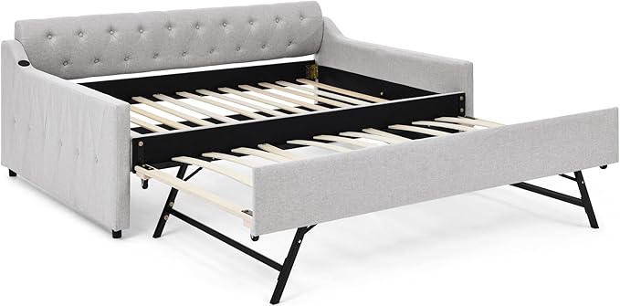Full Size Upholstery modern linen Daybed, Trundle sofaBed,Armrest with USB charging end pull out Button Tufted Armrest side with pocket,for Bedroom Living Room - LeafyLoom