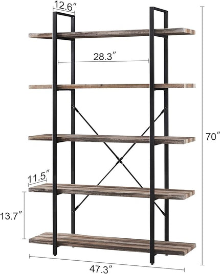 HOMISSUE Bookshelf,5-Tier Bookshelf Industrial Bookcase and Bookshelves,Rustic Storage Rack with Open Shelves for Living Room Bedroom and Kitchen,Retro Brown - LeafyLoom