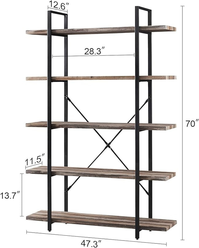 HOMISSUE Bookshelf,5-Tier Bookshelf Industrial Bookcase and Bookshelves,Rustic Storage Rack with Open Shelves for Living Room Bedroom and Kitchen,Retro Brown - LeafyLoom