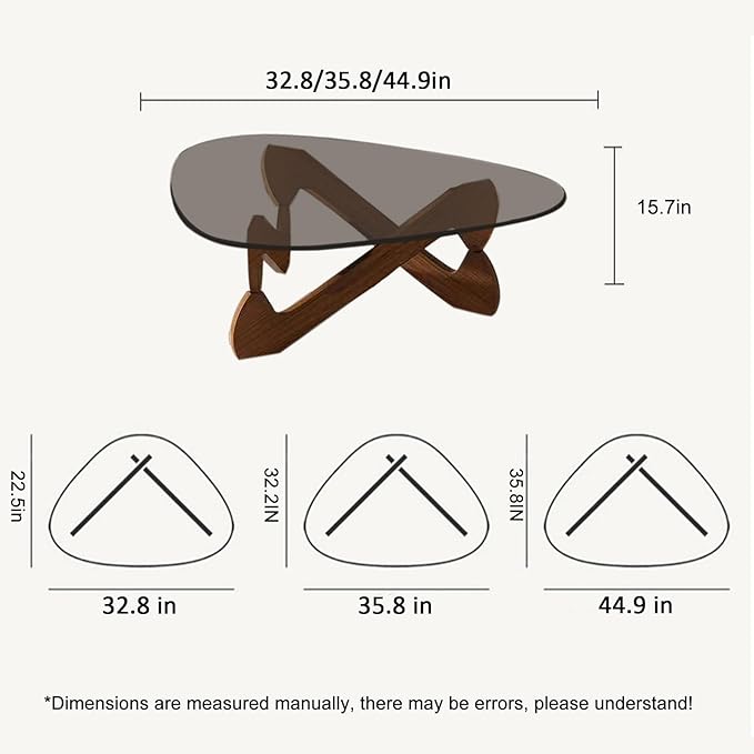 Triangle Coffee Table Glass Coffee Table for Living Room Clear Glass Coffee Table with Solid Wood Base Mid Century Modern Coffee Table for Small Spaces (Walnut-Gray, 35.8in) - LeafyLoom