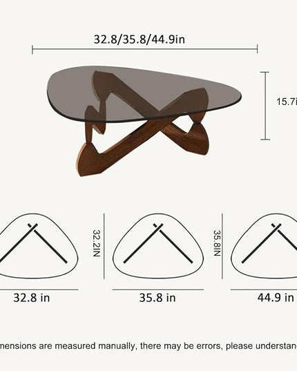 Triangle Coffee Table Glass Coffee Table for Living Room Clear Glass Coffee Table with Solid Wood Base Mid Century Modern Coffee Table for Small Spaces (Walnut-Gray, 44.9in) - LeafyLoom