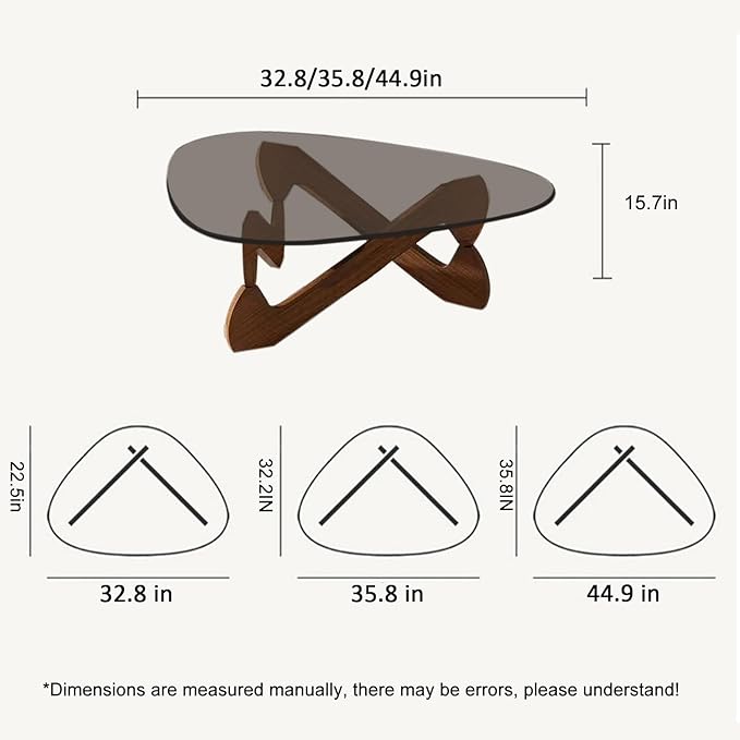 Triangle Coffee Table Glass Coffee Table for Living Room Clear Glass Coffee Table with Solid Wood Base Mid Century Modern Coffee Table for Small Spaces (Walnut-Gray, 32.3in) - LeafyLoom