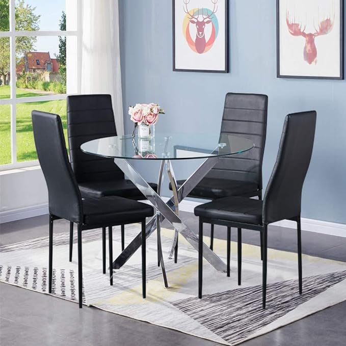 Round Tempered Glass Dining Table for 2-4 with Chromed Legs, 31.5 Inch Modern Small Kitchen Table Dining Room Table for Kitchen Dining Room (White/Silver) - LeafyLoom