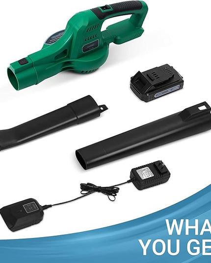 20V Cordless Leaf Blower with Battery and Charger, Leaf Blower Battery Operated, Rechargeable Electric Handheld Leaf Blower Variable Speed with 2 Tubes for Patio, Leaves Blowing-Green - LeafyLoom