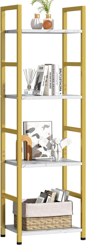 4 Tier Bookshelf, Small Book Shelf Industrial Bookcase, Metal Narrow Book Case Book Storage Organizer,Bookshelves for Bedroom Office Living Room(4 Tier,Gold) - LeafyLoom