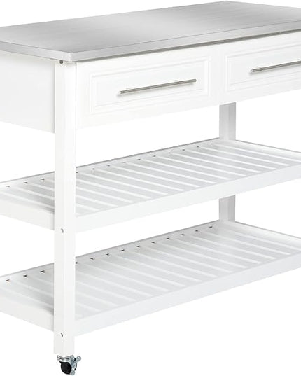 HOMCOM Kitchen Island Rolling Utility Trolley Cart with 2 Drawers Stainless Steel Top - White - LeafyLoom