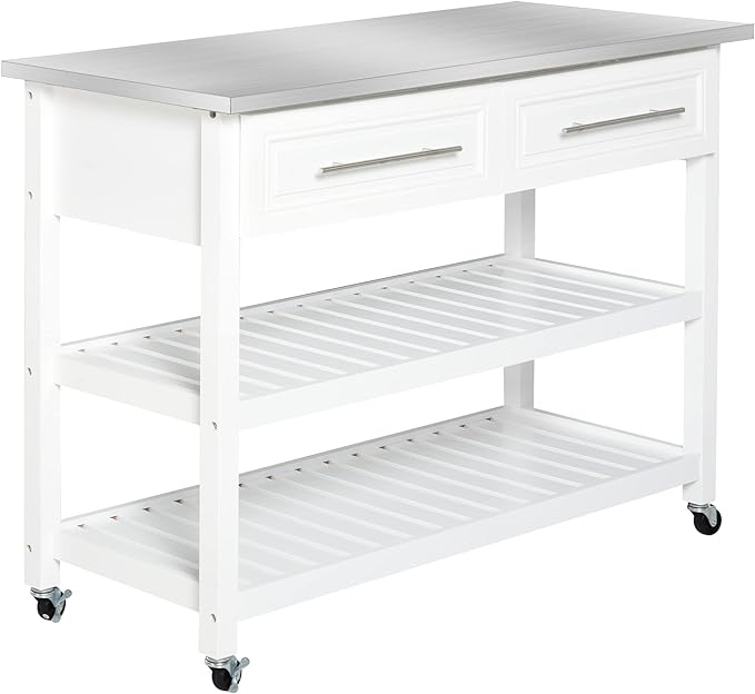 HOMCOM Kitchen Island Rolling Utility Trolley Cart with 2 Drawers Stainless Steel Top - White - LeafyLoom