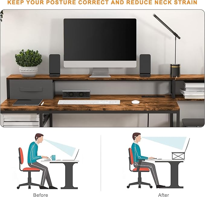 Home Office Desks with Drawers, 66'' Computer Desk with Storage, Office Desk with Monitor Stand, Work Desk with Outlets and USB, Gaming Table Desk with File Cabinet for Home Office Table, Brown - LeafyLoom