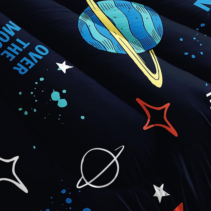 Datura home Space Ship Galaxy Comforter Set Astronaut Rocket Printed Quilt Bedding with 1 and 2 Pillowcases for Boys Girls Bedroom All Season(Space Full), A-space, Full 80x90inches - LeafyLoom