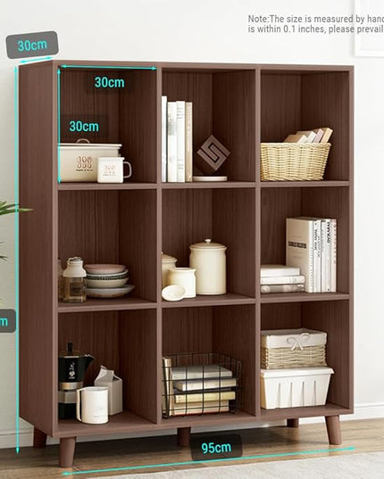 IOTXY Open Cube Low Bookcase - 3-Tier Freestanding Storage Display Cabinet Organizer with Legs for Home Office, 9-Cubes Open Shelf Short Bookshelf, Walnut - LeafyLoom