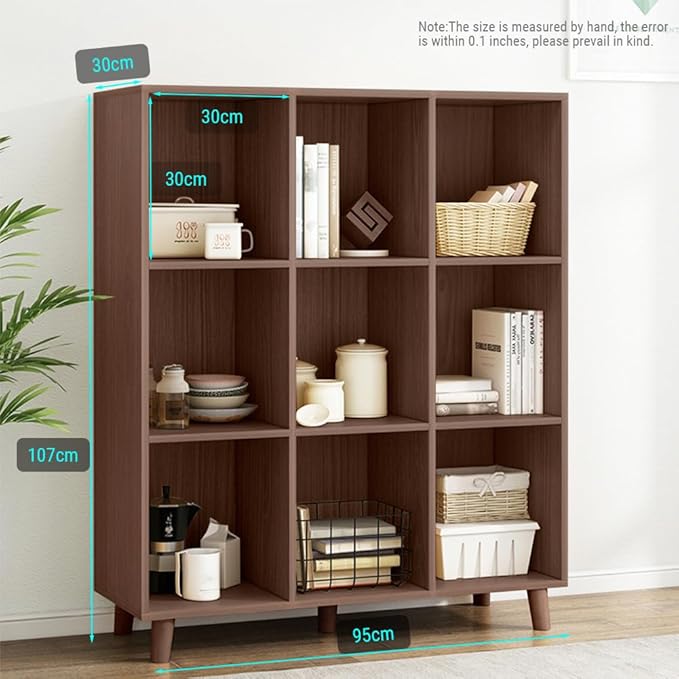IOTXY Open Cube Low Bookcase - 3-Tier Freestanding Storage Display Cabinet Organizer with Legs for Home Office, 9-Cubes Open Shelf Short Bookshelf, Walnut - LeafyLoom