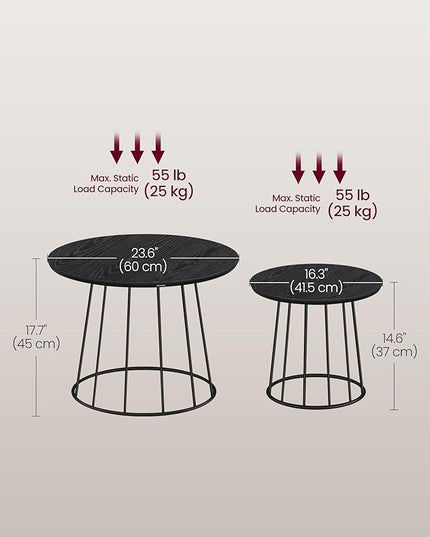 VASAGLE Round Coffee Tables, Set of 2, Modern Circle Side Tables with Steel Frame, for Living Room, Bedroom, Ebony Black ULCT045B56 - LeafyLoom
