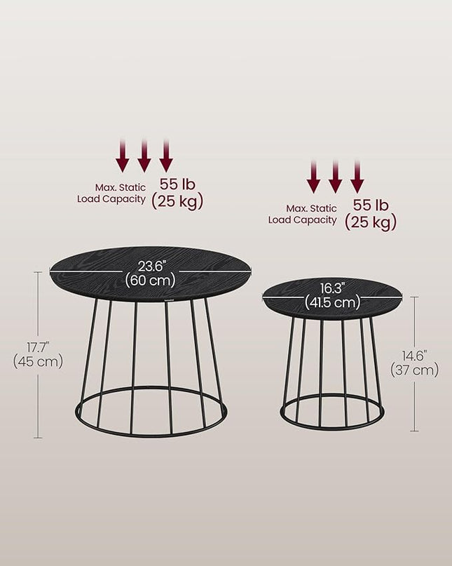 VASAGLE Round Coffee Tables, Set of 2, Modern Circle Side Tables with Steel Frame, for Living Room, Bedroom, Ebony Black ULCT045B56 - LeafyLoom