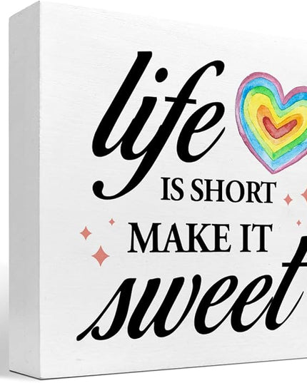Life Is Short Make It Sweet Sign,Inspirational Quote Wood Box Sign,Motivational Signs Wooden Block Rainbow Decorations for Home Office Shelf Decor - LeafyLoom