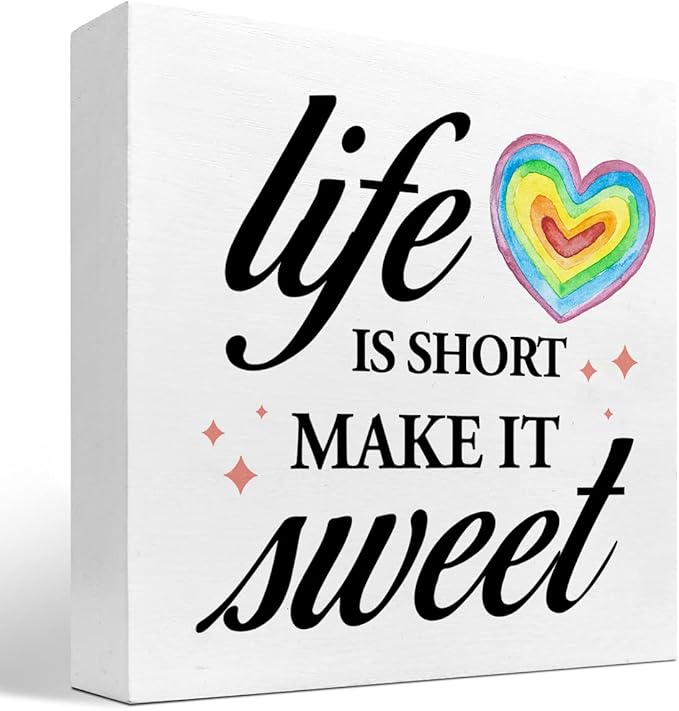 Life Is Short Make It Sweet Sign,Inspirational Quote Wood Box Sign,Motivational Signs Wooden Block Rainbow Decorations for Home Office Shelf Decor - LeafyLoom