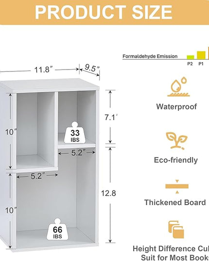 VECELO 3-Cube Open Bookcase, Small Bookshelf with Height Difference Shelves for Most Books, Horizontal Available, 2-Tier Storage Organizer for Home Office, Living Room, Pearl White - LeafyLoom
