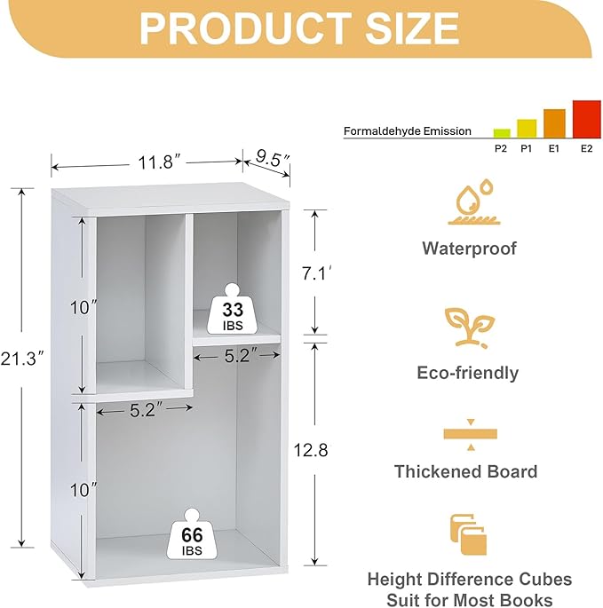 VECELO 3-Cube Open Bookcase, Small Bookshelf with Height Difference Shelves for Most Books, Horizontal Available, 2-Tier Storage Organizer for Home Office, Living Room, Pearl White - LeafyLoom