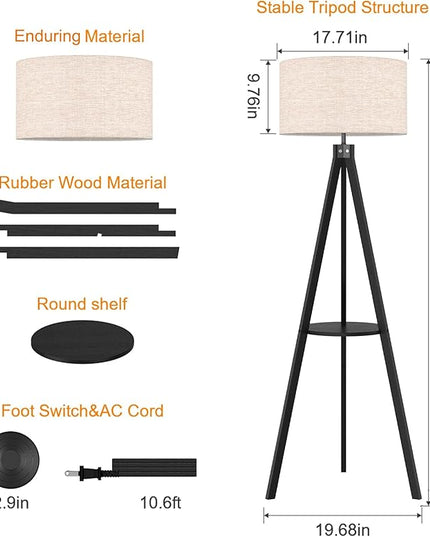 LEPOWER Tripod Floor Lamp, Mid Century Wood Standing Lamp, Modern Design Shelf Floor Lamp for Living Room, Bedroom, Office, Flaxen Lamp Shade with E26 Lamp Base Black - LeafyLoom