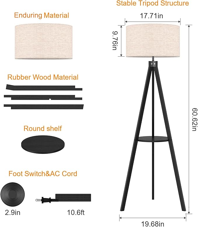 LEPOWER Tripod Floor Lamp, Mid Century Wood Standing Lamp, Modern Design Shelf Floor Lamp for Living Room, Bedroom, Office, Flaxen Lamp Shade with E26 Lamp Base Black - LeafyLoom