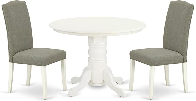 East West Furniture SHEN3-LWH-06 3 Piece Set Contains a Round Kitchen Table with Pedestal and 2 Dark Shitake Linen Fabric Parson Dining Chairs, 42x42 Inch - LeafyLoom