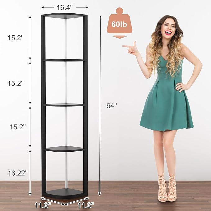 ROJASOP 5 Tiers Corner Shelf with Light Tall Display Shelf for Collectibles Control Multiple Color Lights via APP and Remote Control Floor Lamp with Shelf Supports Dimming for Living Room Bedroom Home - LeafyLoom