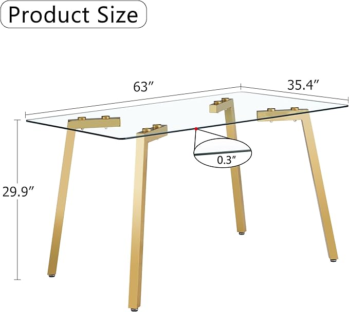 NicBex Modern Minimalist Style Rectangular Glass Dining Table with Tempered Glass Tabletop and Golden Metal Legs Suitable for Kitchen, Dining Room and Living Room, Golden - LeafyLoom