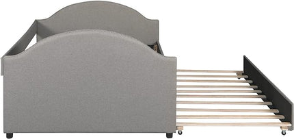 Full Size Upholstered Daybed with Twin Trundle Bed and Wood Slat for Living Room Bedroom, Gray - LeafyLoom