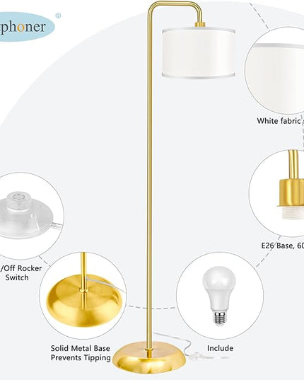 [Upgraded] LED Floor Lamp for Living Room, 3 Color Temperature Floor Lamp with Foot Switch Modern Standing Lamp Tall Pole Floor Reading Lamp for Bedroom, Study Room, Office, 9W Bulb Included, Gold - LeafyLoom