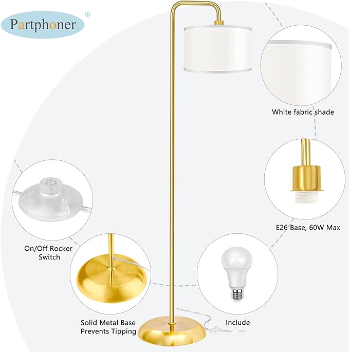 [Upgraded] LED Floor Lamp for Living Room, 3 Color Temperature Floor Lamp with Foot Switch Modern Standing Lamp Tall Pole Floor Reading Lamp for Bedroom, Study Room, Office, 9W Bulb Included, Gold - LeafyLoom
