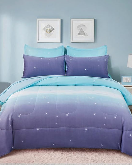 Girls Comforter Set Queen Size 7 Pieces Bed in A Bag Ombre Blue Purple Rainbow Bedding Set Collections for Teen Women (1 Comforter, 1 Flat Sheet, 1 Fitted Sheet, 2 Pillow shams, 2 Pillowcases) - LeafyLoom