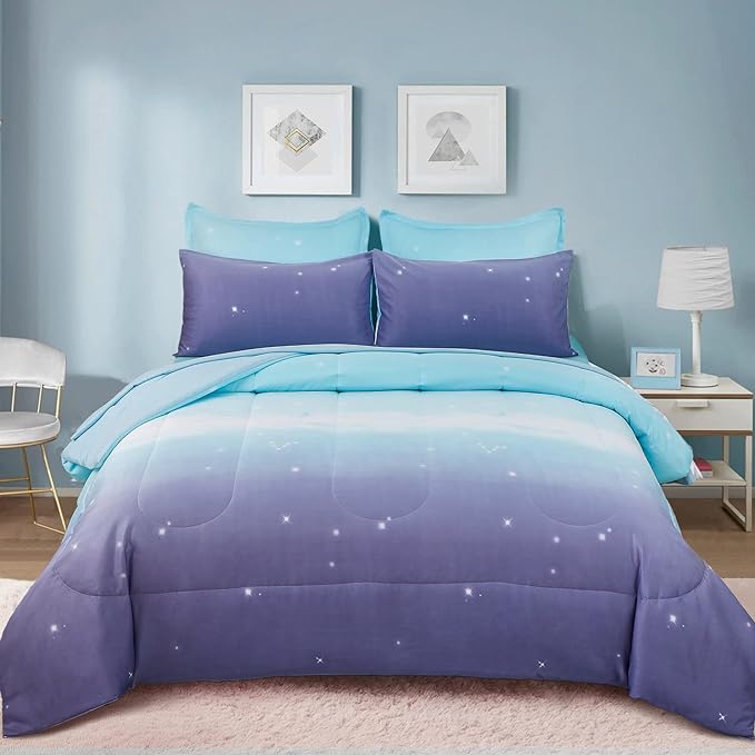 Dinjoy Girls Women Comforter Set King Size Ombre Blue Purple Rainbow Bedding Set 7 Pieces Bed in A Bag for Teen Adult (1 Comforter, 1 Flat Sheet, 1 Fitted Sheet, Pillow shams & Pillowcases) - LeafyLoom