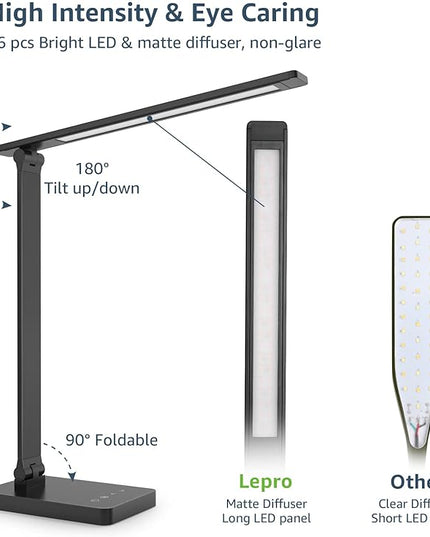Lepro LED Desk Lamp for Home Office, 9.5W 750LM Metal Touch Control Desk Light, 5 Color Modes 5 Brightness Level, Eye Caring Task Lamp For Reading, Sewing, Crafts, School Supplies, Puzzle Light, Black - LeafyLoom