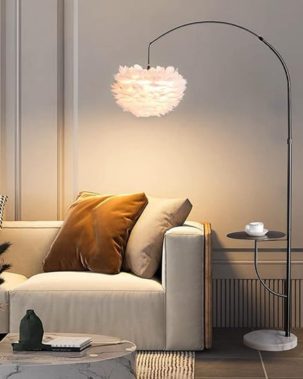 White Feather Floor Lamp with Table, Great Floor Light Height Adjustable (Black) - LeafyLoom